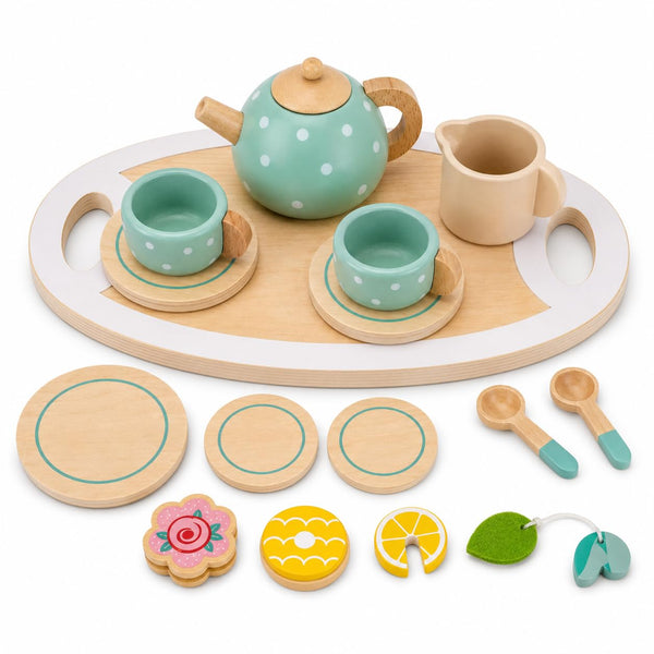 Wooden tea party set with teapot, cups, spoons and biscuits on a tray