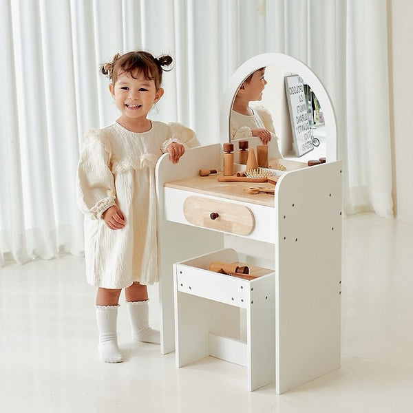 Wooden Vanity Table & Stool with Arched Mirror