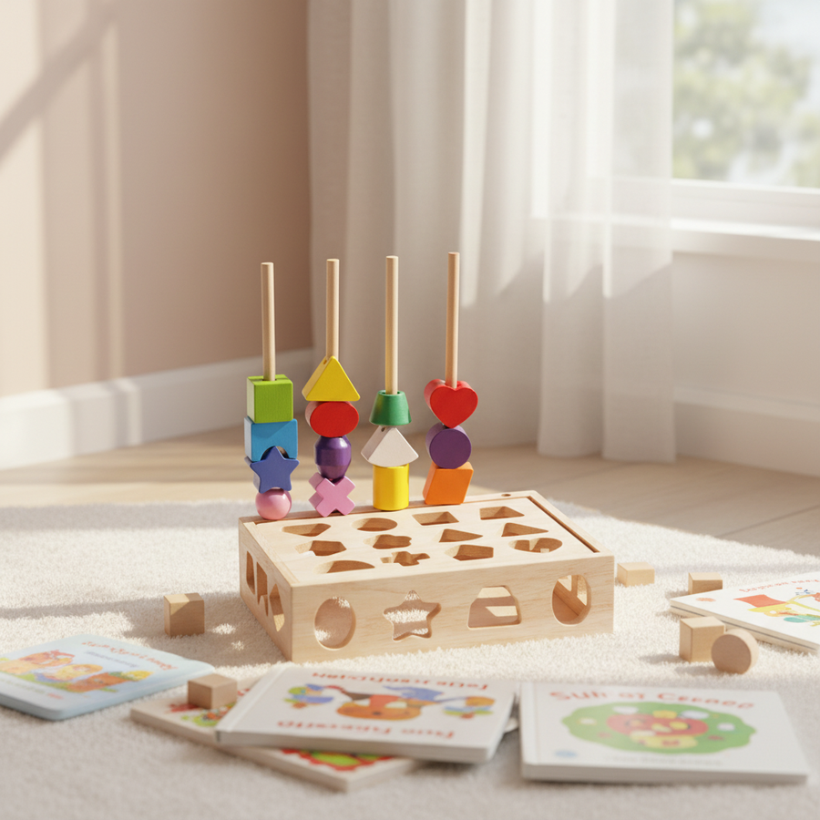 Elisyia Wooden Beads Sequencing & Lacing Toy Set with Matching Shapes Montessori STEM Educational Toys for 5 to 7 Years Unisex