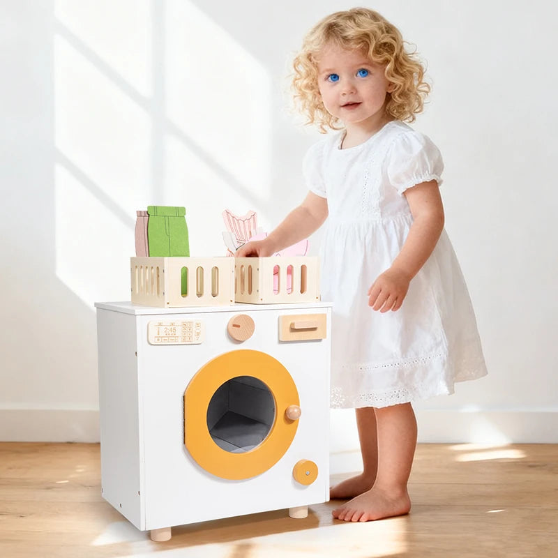 White wooden toy washing machine with laundry baskets