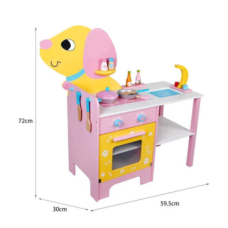 Pink and yellow puppy-shaped wooden play kitchen