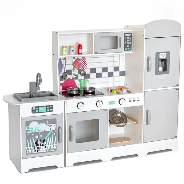 Large wooden play kitchen with fridge, dishwasher, oven and microwave