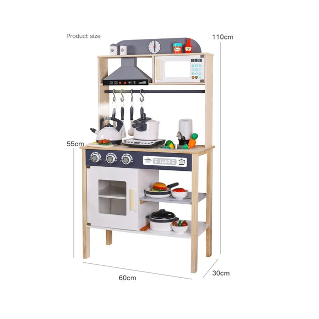 Tall wooden play kitchen with range hood, microwave and utensil rail