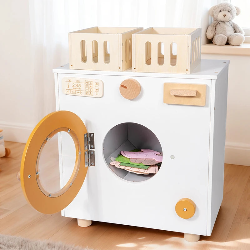 White wooden toy washing machine with laundry baskets