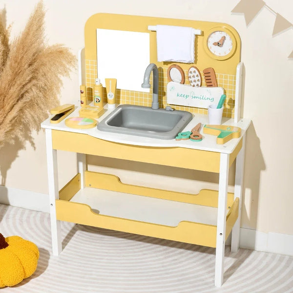 Wooden bathroom vanity play set with sink, mirror and grooming accessories