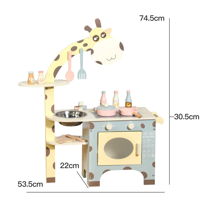 Giraffe-themed wooden play kitchen with cooker and side shelf
