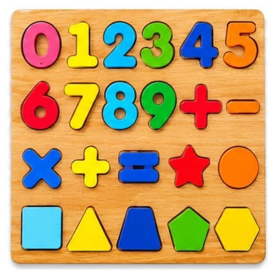 Numbers 0-9 and shapes wooden puzzle board