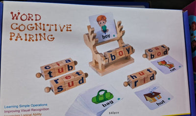 Word Cognitive Pairing box: wooden stand, rotating letter blocks and picture word cards