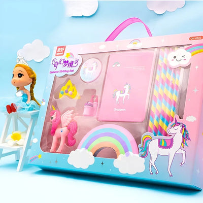 Unicorn Writing Set box at an angle (doll is a prop, not included)