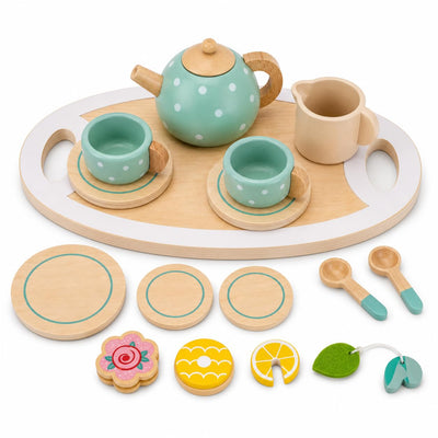 Wooden tea party set with teapot, cups, spoons and biscuits on a tray