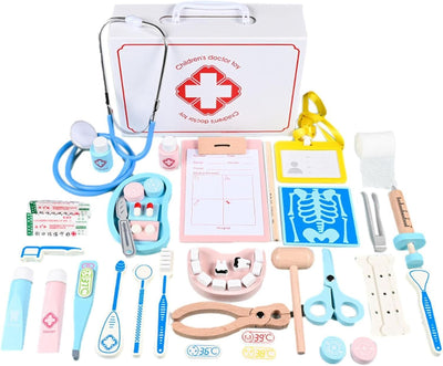 Wooden doctor kit with white carry case and pretend medical tools