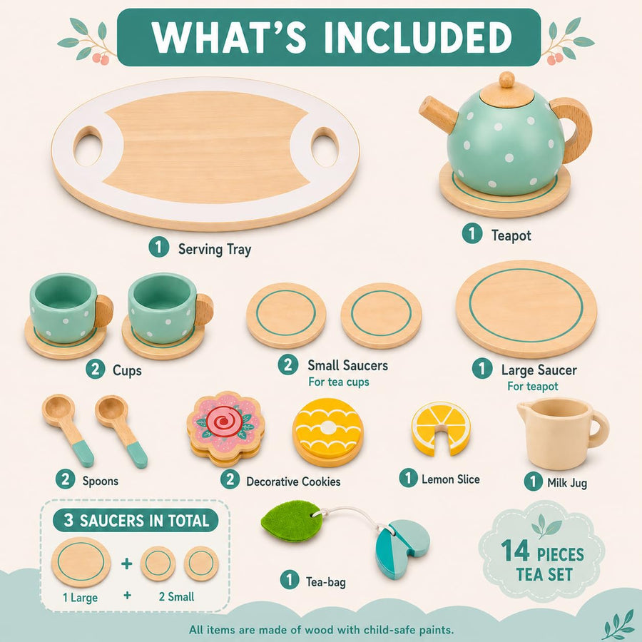 What's included in the wooden tea party set