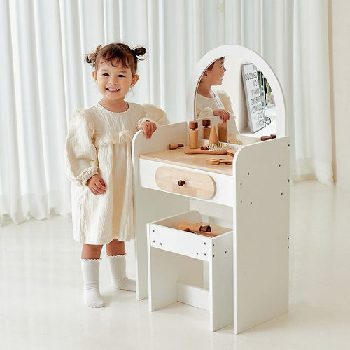 Wooden Vanity Table & Stool with Arched Mirror