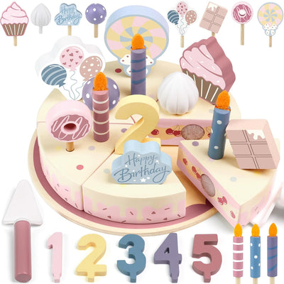 Wooden birthday cake play set with candles, numbers and toppers