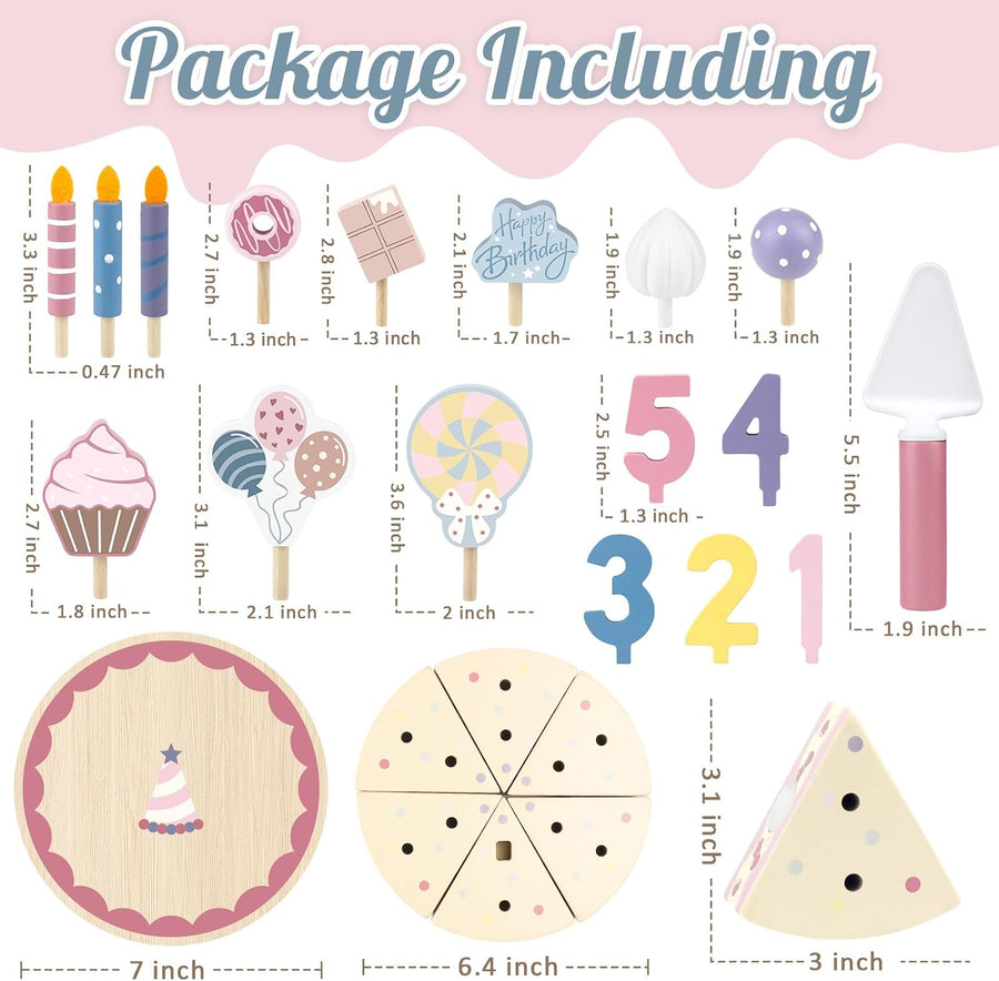 All the pieces in the wooden birthday cake set