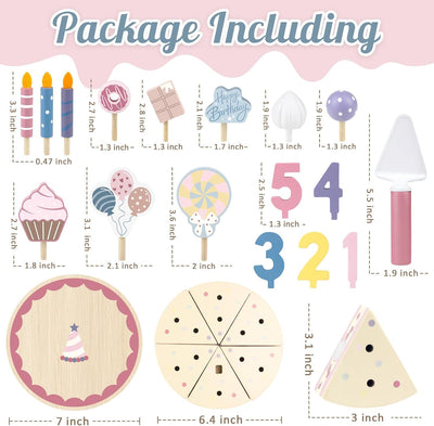 All the pieces in the wooden birthday cake set