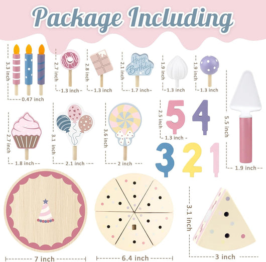 All the pieces in the wooden birthday cake set