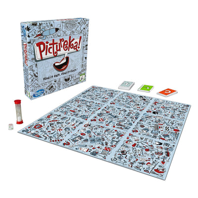 Pictureka! set up with picture tiles, cards and timer