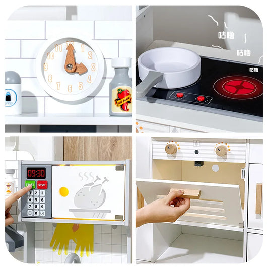 White wooden play kitchen with hood, microwave and sink