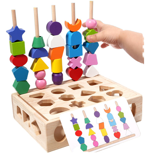 Wooden Beads Sequencing & Lacing Toy Set with Matching Shapes Montessori STEM Educational Toys for 5 to 7 Years Unisex