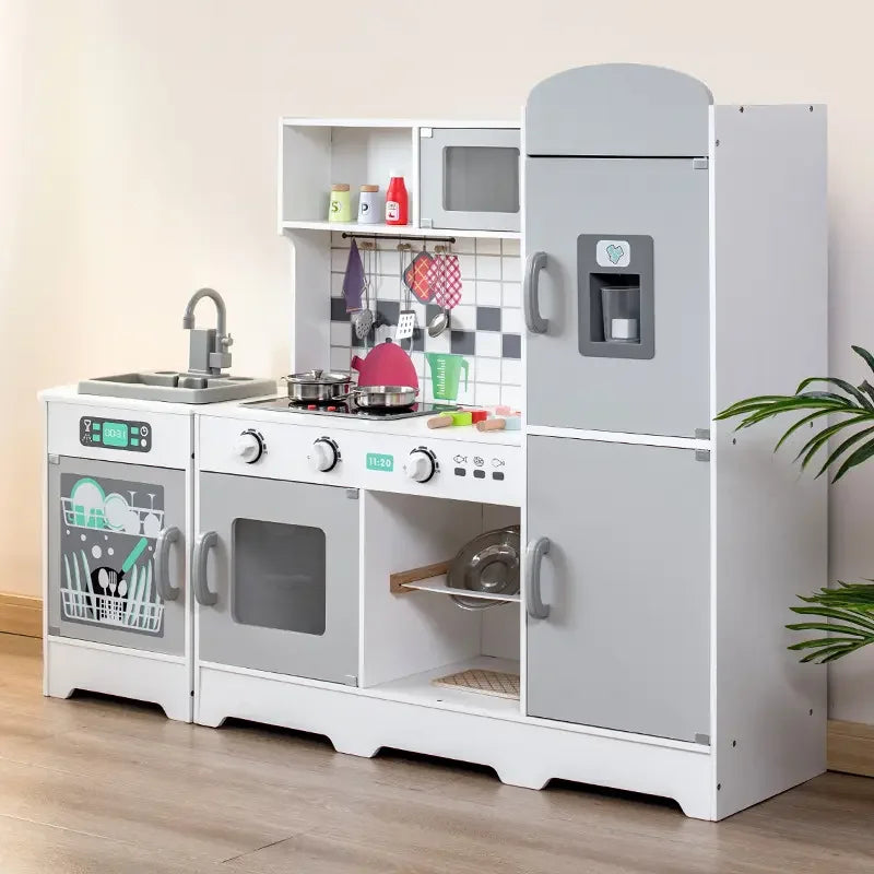 Large wooden play kitchen with fridge, dishwasher, oven and microwave