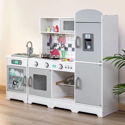 Large wooden play kitchen with fridge, dishwasher, oven and microwave