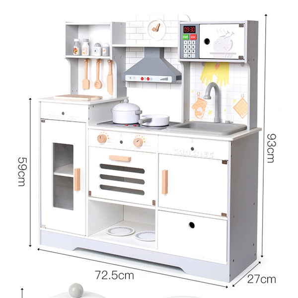 White wooden play kitchen with hood, microwave and sink