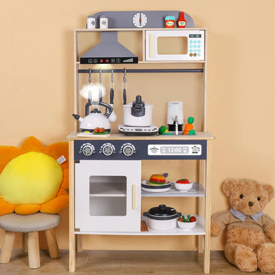 Tall wooden play kitchen with range hood, microwave and utensil rail