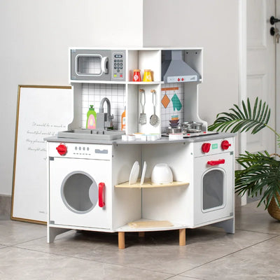 White and grey wooden corner play kitchen with washing machine and oven