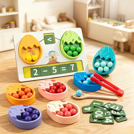 Dinosaur egg maths board with number tiles, six egg bowls, tweezers and spoon