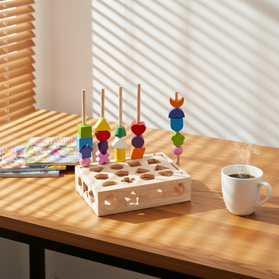 Elisyia Wooden Beads Sequencing & Lacing Toy Set with Matching Shapes Montessori STEM Educational Toys for 5 to 7 Years Unisex