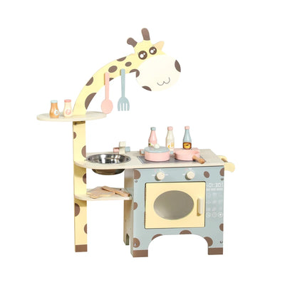 Giraffe-themed wooden play kitchen with cooker and side shelf