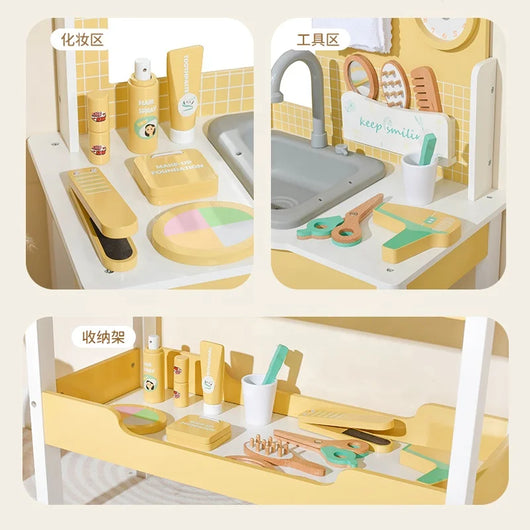 Wooden bathroom vanity play set with sink, mirror and grooming accessories