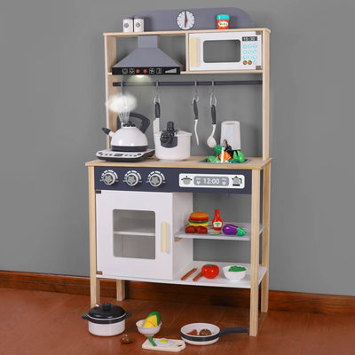 Tall wooden play kitchen with range hood, microwave and utensil rail