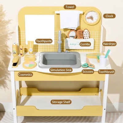 Wooden bathroom vanity play set with sink, mirror and grooming accessories