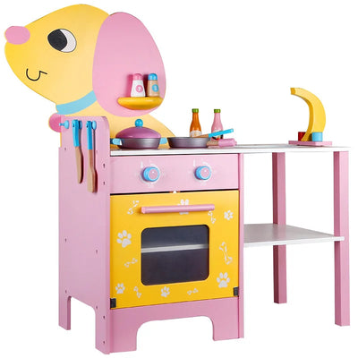 Pink and yellow puppy-shaped wooden play kitchen