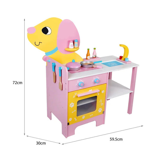 Pink and yellow puppy-shaped wooden play kitchen