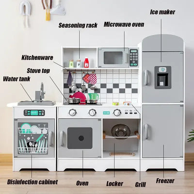 Large wooden play kitchen with fridge, dishwasher, oven and microwave