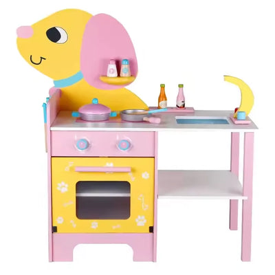 Pink and yellow puppy-shaped wooden play kitchen