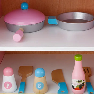Pink and yellow puppy-shaped wooden play kitchen