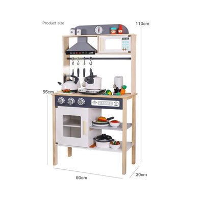 Tall wooden play kitchen with range hood, microwave and utensil rail