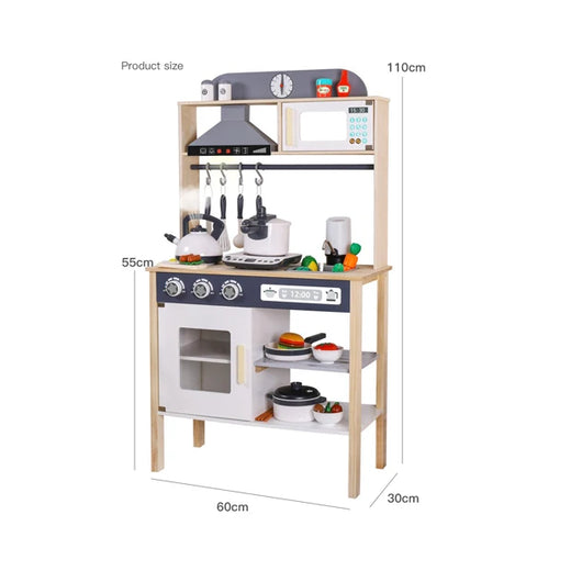 Tall wooden play kitchen with range hood, microwave and utensil rail