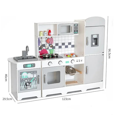 Large wooden play kitchen with fridge, dishwasher, oven and microwave