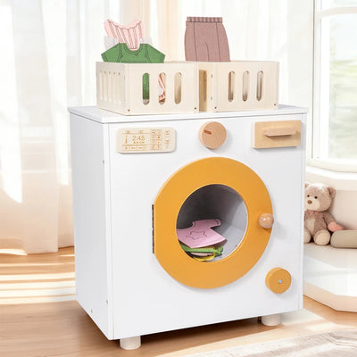 White wooden toy washing machine with laundry baskets