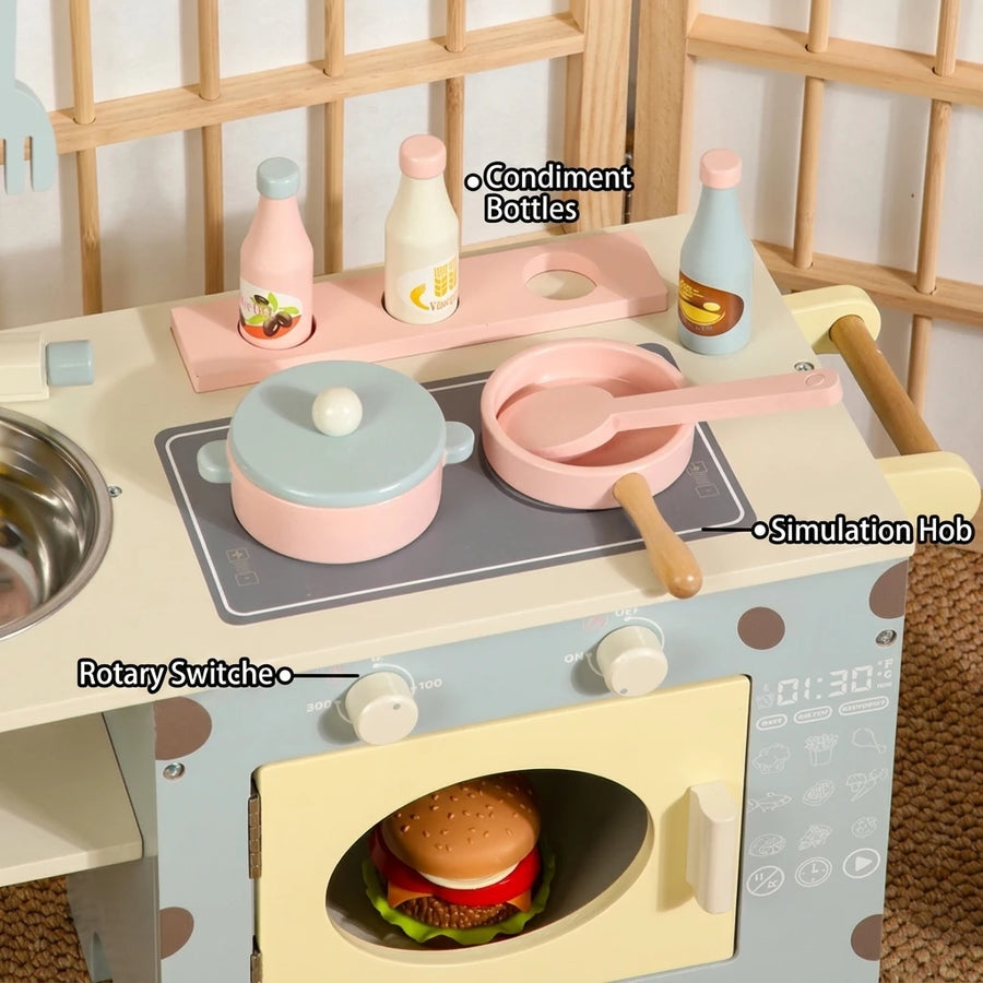 Giraffe-themed wooden play kitchen with cooker and side shelf