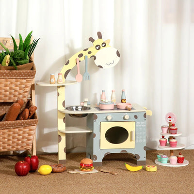 Giraffe-themed wooden play kitchen with cooker and side shelf