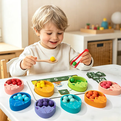 Child sorting coloured beads into dinosaur-egg bowls with tweezers and a spoon