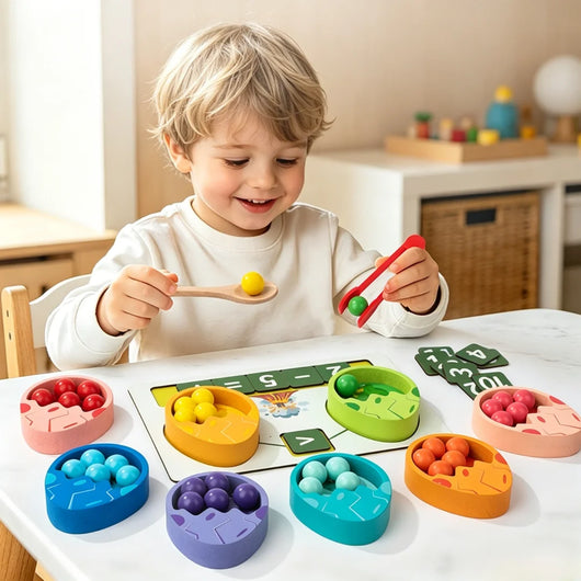 Child sorting coloured beads into dinosaur-egg bowls with tweezers and a spoon