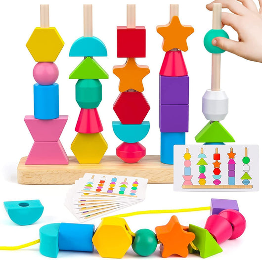 Elisyia Wooden Beads Sequencing & Lacing Toy Set with Matching Shapes Montessori STEM Educational Toys for 5 to 7 Years Unisex