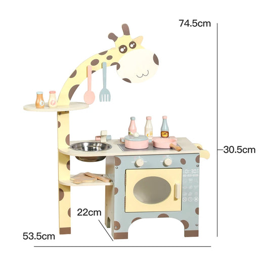 Giraffe-themed wooden play kitchen with cooker and side shelf